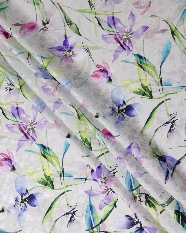 Silver Grey Floral Silk Crepe Jacquard Fabric 110cm