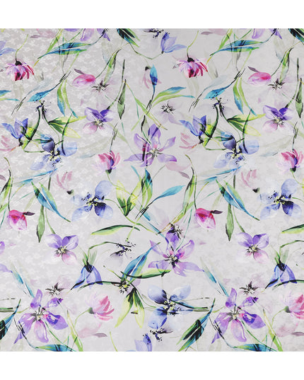 Silver Grey Floral Silk Crepe Jacquard Fabric 110cm