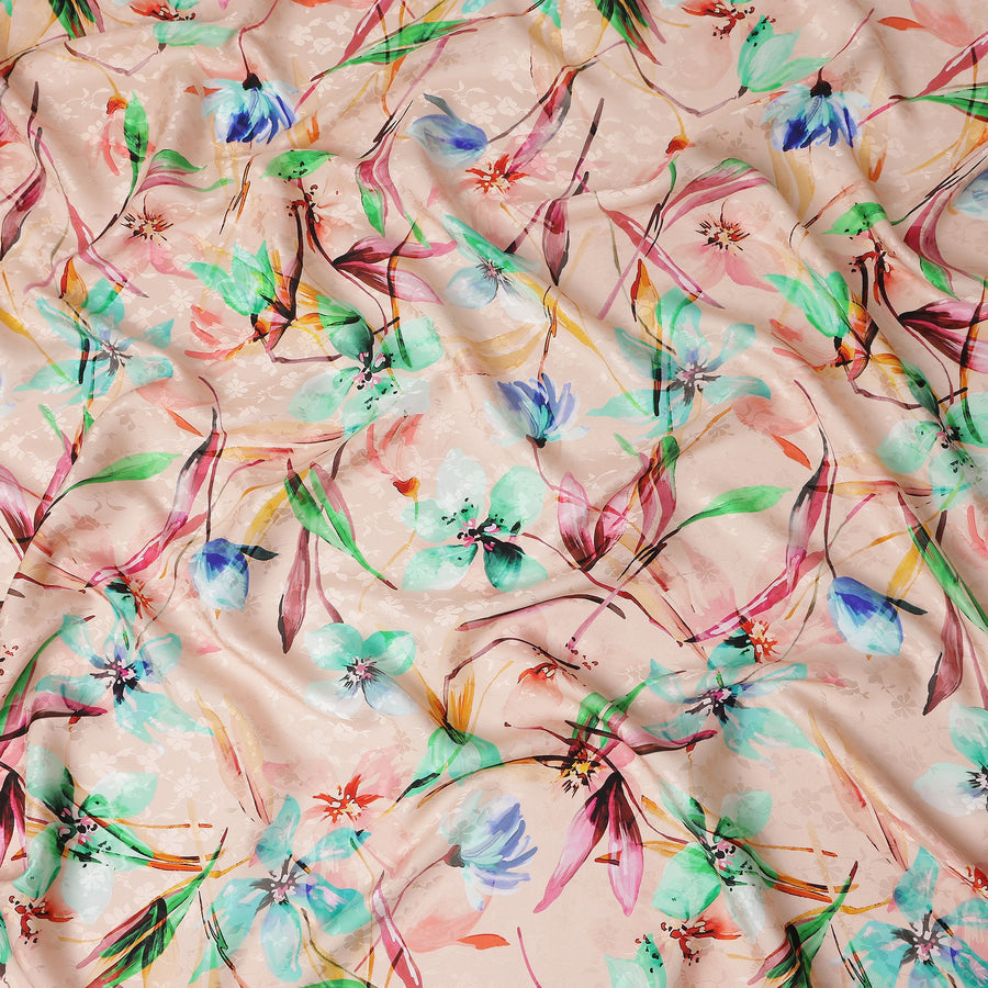 Peach Pink Floral Silk Crepe Jacquard Fabric 110cm