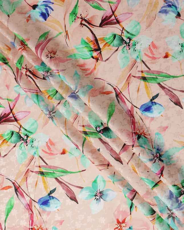 Peach Pink Floral Silk Crepe Jacquard Fabric 110cm