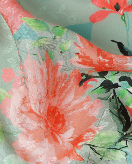 Sage Green Floral Silk Crepe Jacquard Fabric 110cm