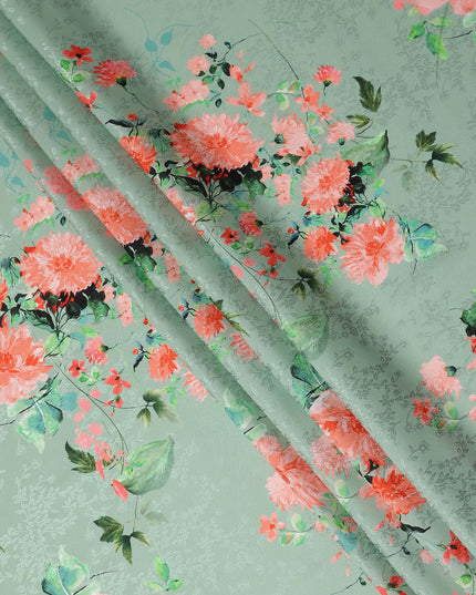 Sage Green Floral Silk Crepe Jacquard Fabric 110cm