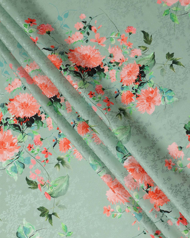 Sage Green Floral Silk Crepe Jacquard Fabric 110cm