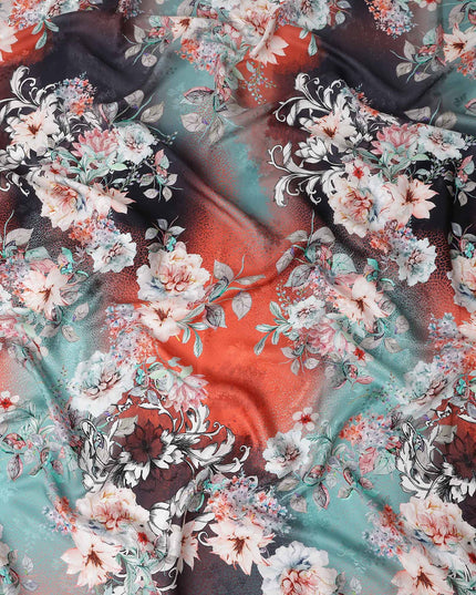 Coral Teal Floral Silk Crepe Jacquard Fabric 140cm