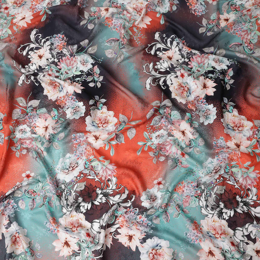 Coral Teal Floral Silk Crepe Jacquard Fabric 140cm