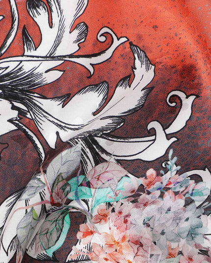 Coral Teal Floral Silk Crepe Jacquard Fabric 140cm