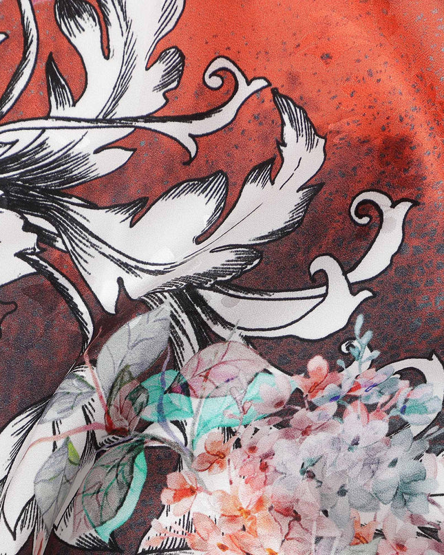 Coral Teal Floral Silk Crepe Jacquard Fabric 140cm