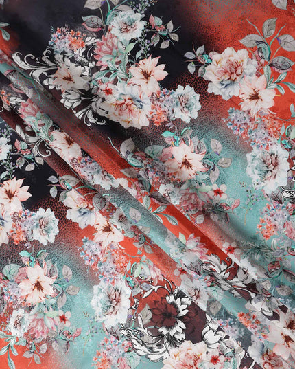 Coral Teal Floral Silk Crepe Jacquard Fabric 140cm