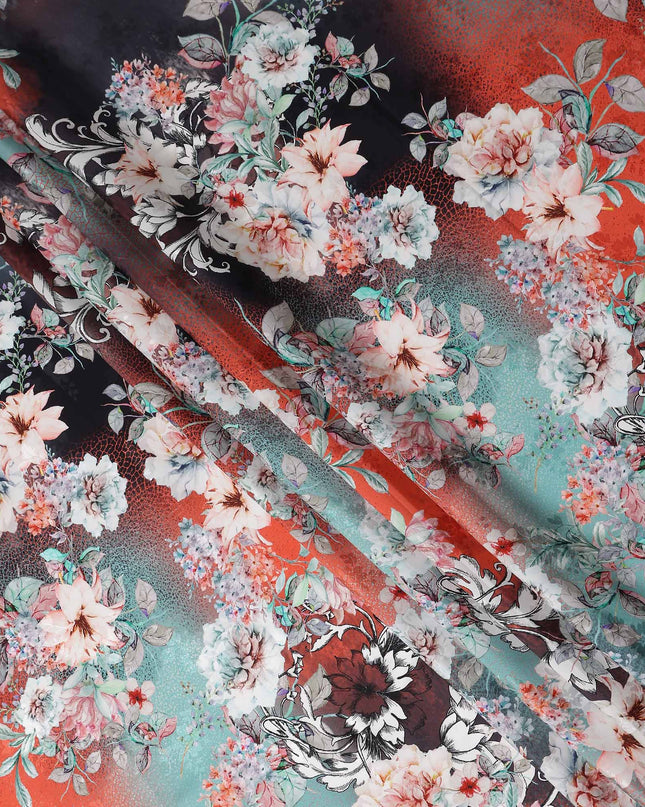 Coral Teal Floral Silk Crepe Jacquard Fabric 140cm