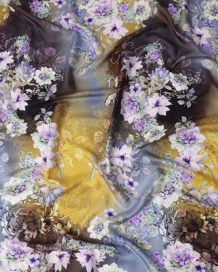 Mustard Grey Floral Silk Crepe Jacquard Fabric 140cm