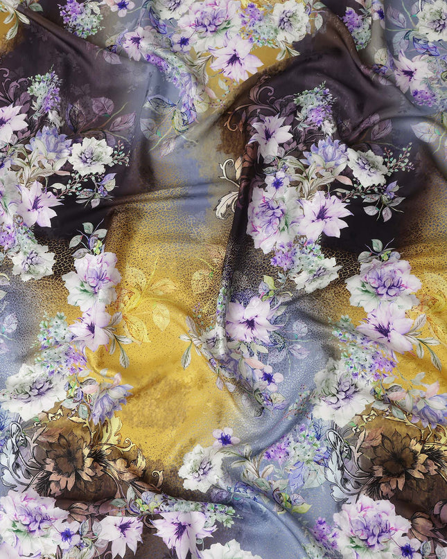 Mustard Grey Floral Silk Crepe Jacquard Fabric 140cm