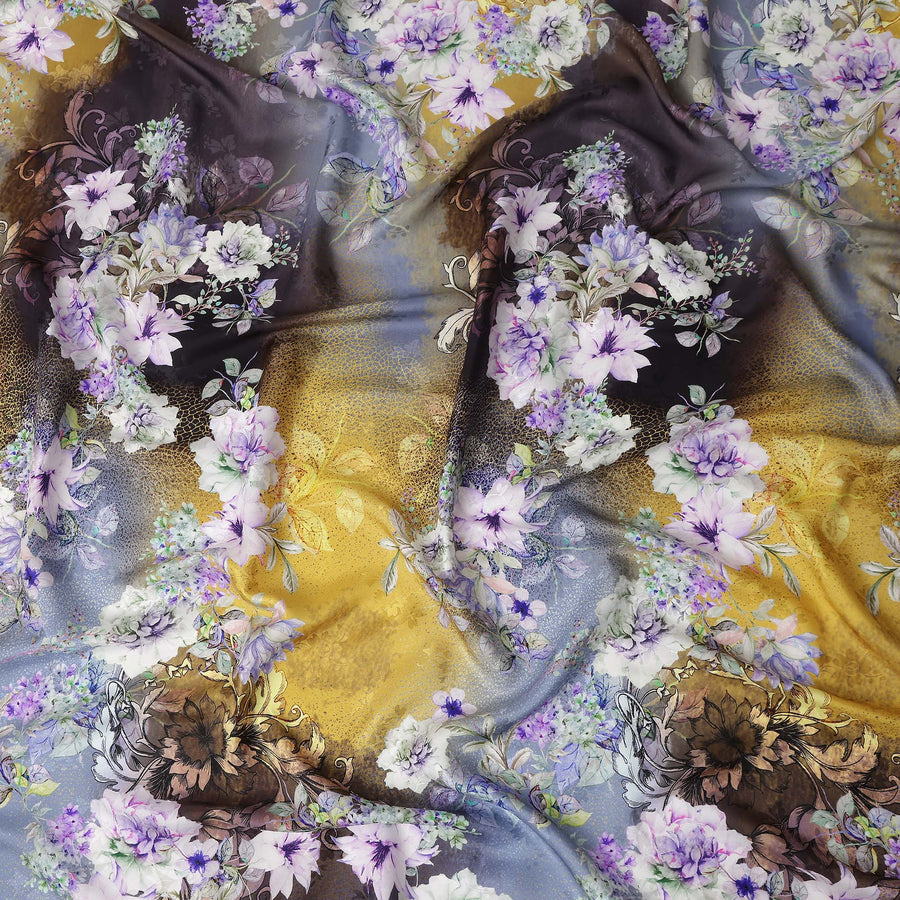 Mustard Grey Floral Silk Crepe Jacquard Fabric 140cm