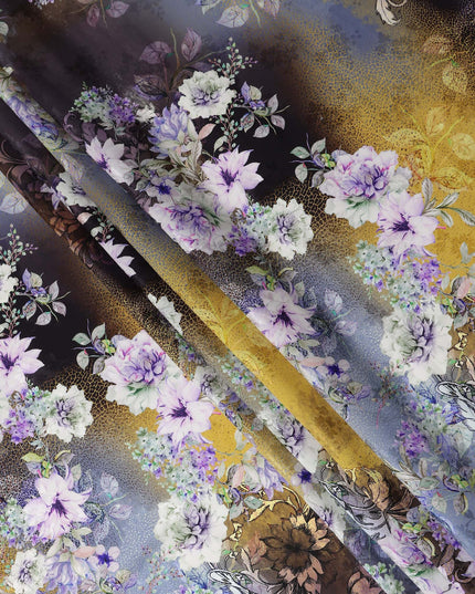 Mustard Grey Floral Silk Crepe Jacquard Fabric 140cm