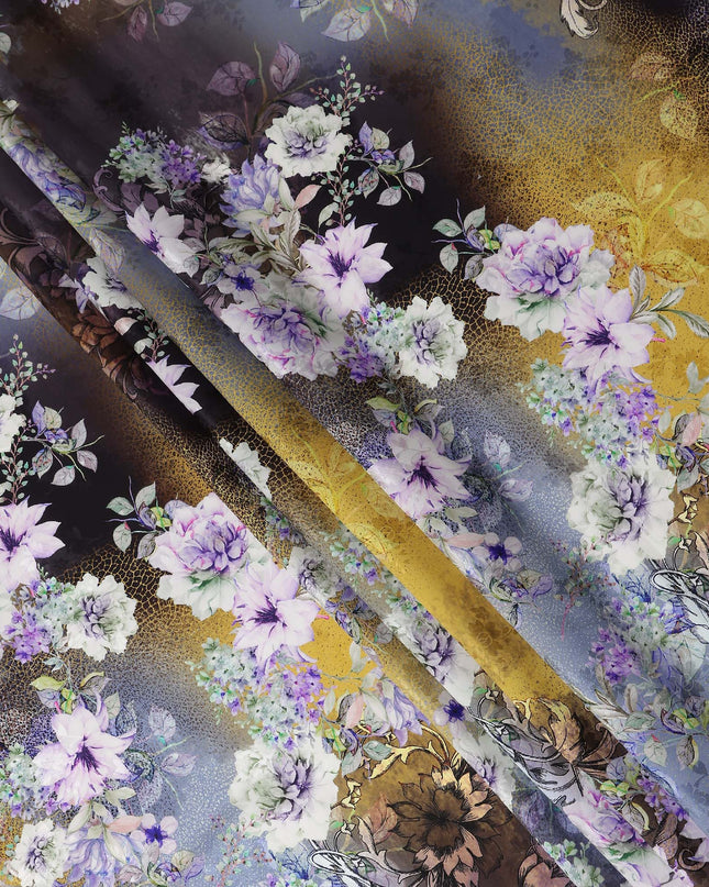 Mustard Grey Floral Silk Crepe Jacquard Fabric 140cm