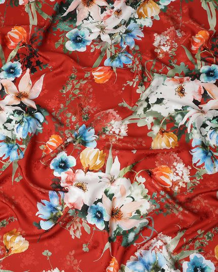 Brick Red Floral Silk Crepe Jacquard Fabric 140cm