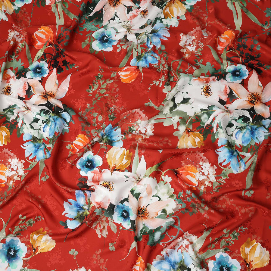 Brick Red Floral Silk Crepe Jacquard Fabric 140cm