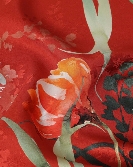 Brick Red Floral Silk Crepe Jacquard Fabric 140cm