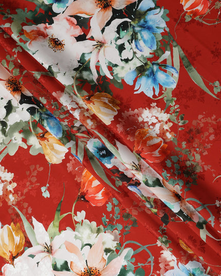 Brick Red Floral Silk Crepe Jacquard Fabric 140cm