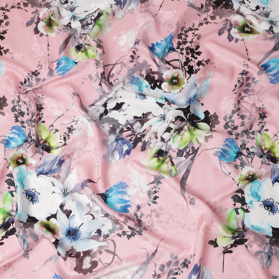 Rose Pink Floral Silk Crepe Jacquard Fabric 140cm