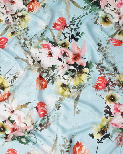 Sky Blue Floral Silk Crepe Jacquard Fabric 140cm