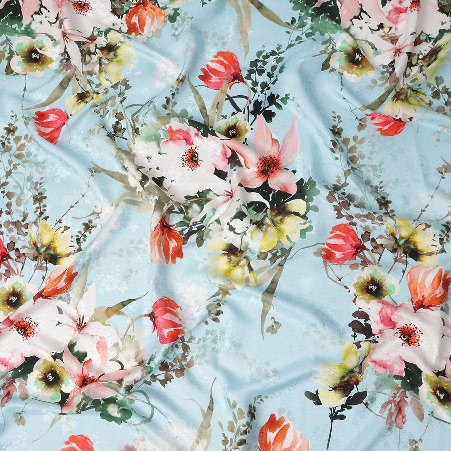 Sky Blue Floral Silk Crepe Jacquard Fabric 140cm