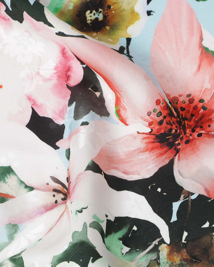 Sky Blue Floral Silk Crepe Jacquard Fabric 140cm