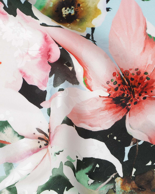 Sky Blue Floral Silk Crepe Jacquard Fabric 140cm