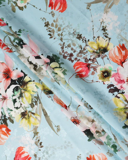 Sky Blue Floral Silk Crepe Jacquard Fabric 140cm