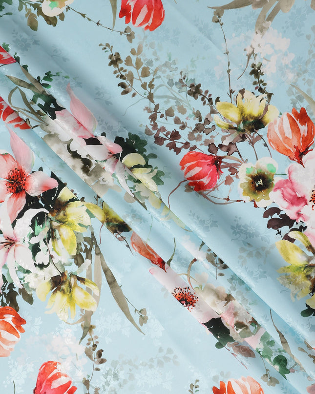 Sky Blue Floral Silk Crepe Jacquard Fabric 140cm