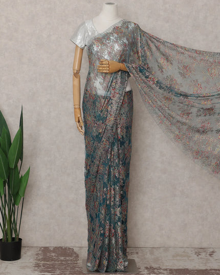 Peacock Teal French Chantilly Lace Saree 5.5m
