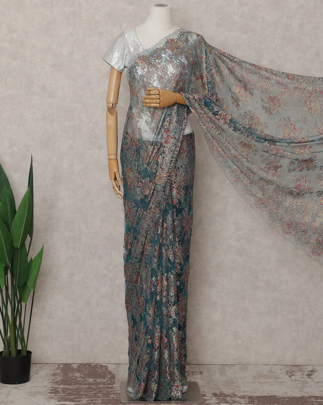Peacock Teal French Chantilly Lace Saree 5.5m