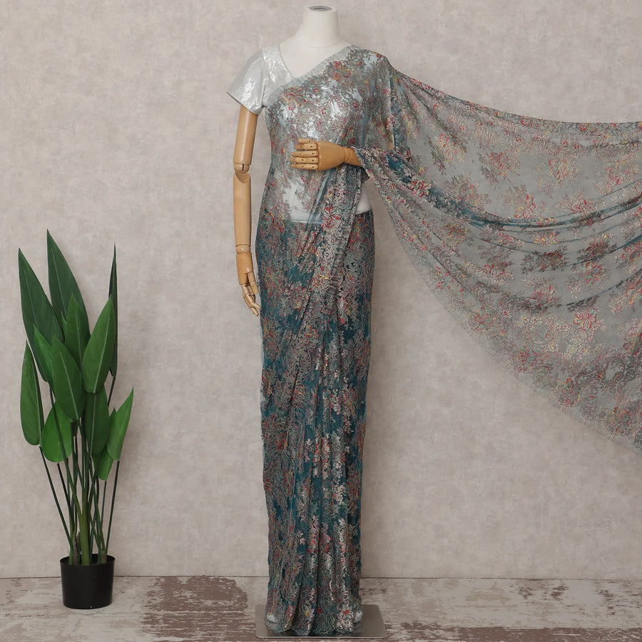 Peacock Teal French Chantilly Lace Saree 5.5m