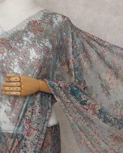 Peacock Teal French Chantilly Lace Saree 5.5m