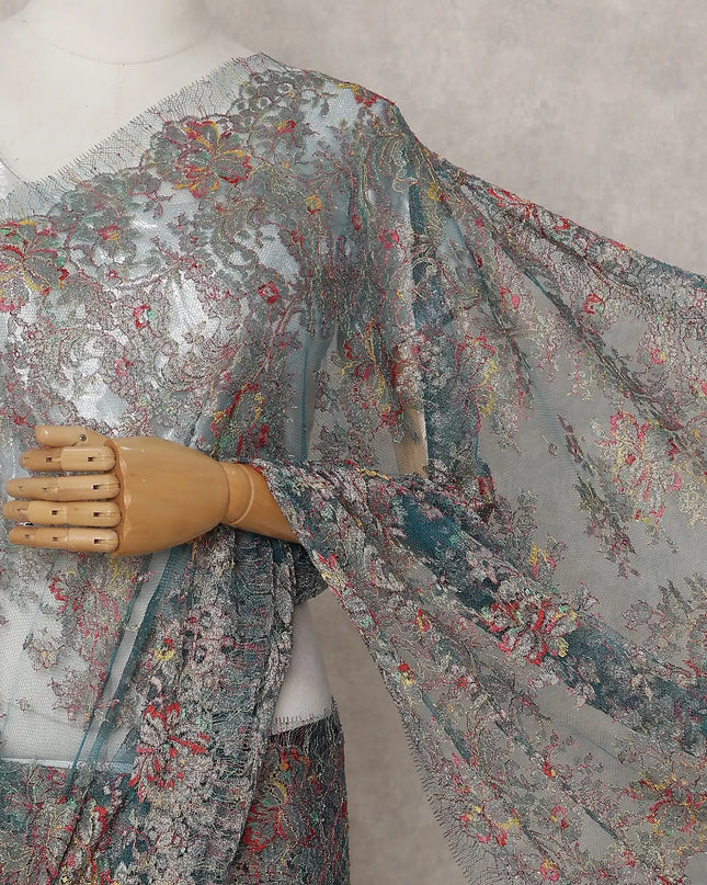 Peacock Teal French Chantilly Lace Saree 5.5m