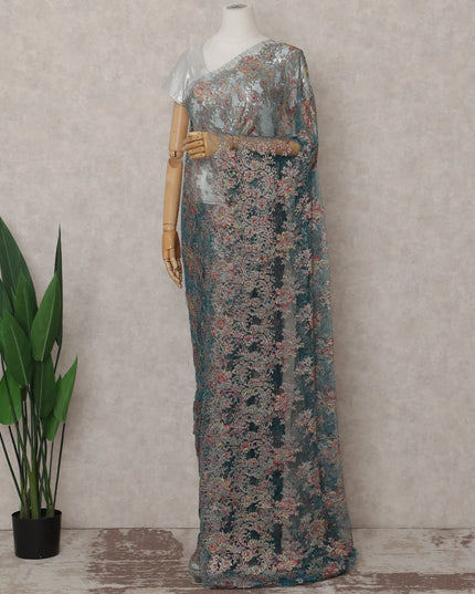Peacock Teal French Chantilly Lace Saree 5.5m