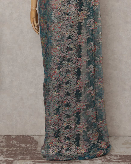 Peacock Teal French Chantilly Lace Saree 5.5m