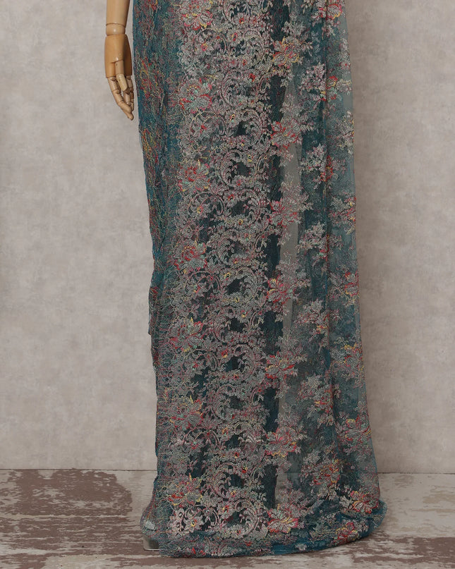 Peacock Teal French Chantilly Lace Saree 5.5m