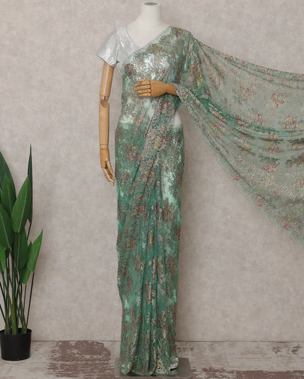 Jade Green French Chantilly Lace Saree 5.5m