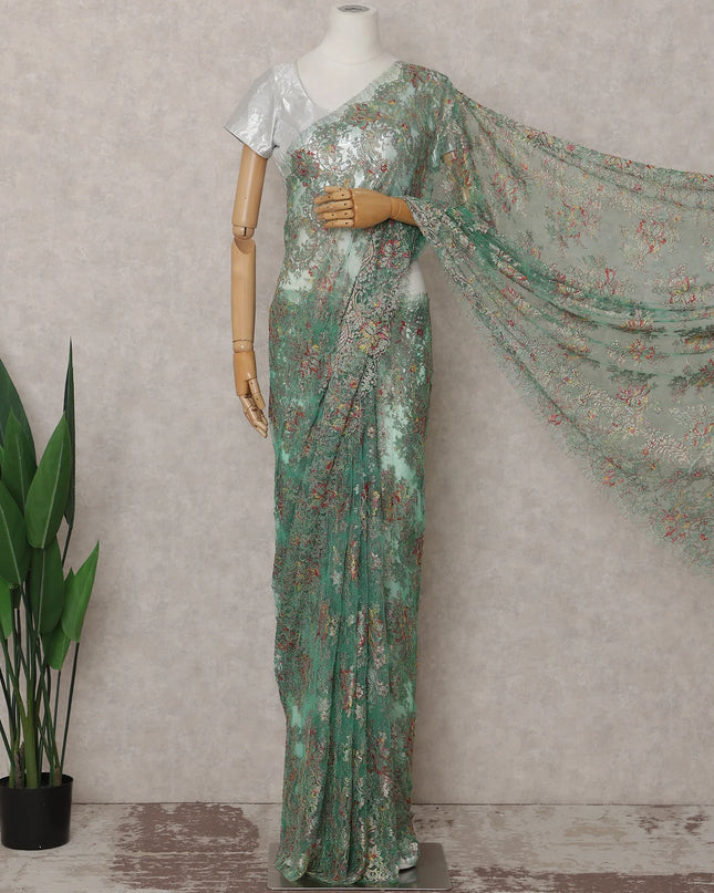 Jade Green French Chantilly Lace Saree 5.5m