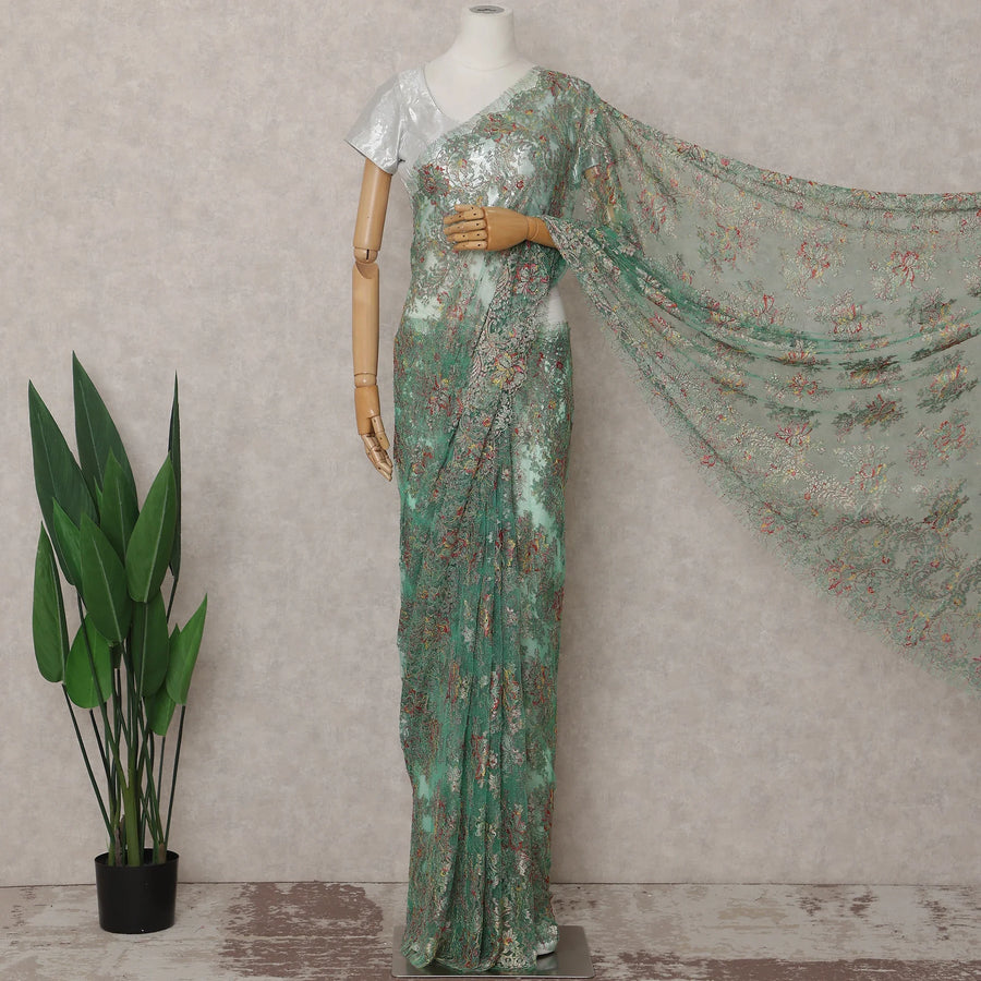 Jade Green French Chantilly Lace Saree 5.5m