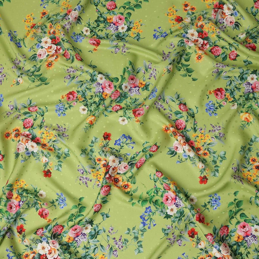 Olive Green Floral Silk Crepe Jacquard Fabric 110cm