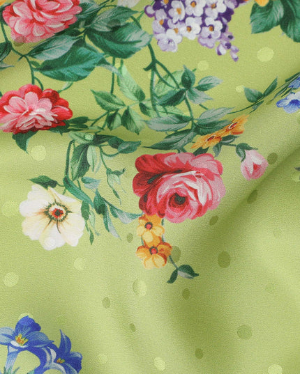 Olive Green Floral Silk Crepe Jacquard Fabric 110cm
