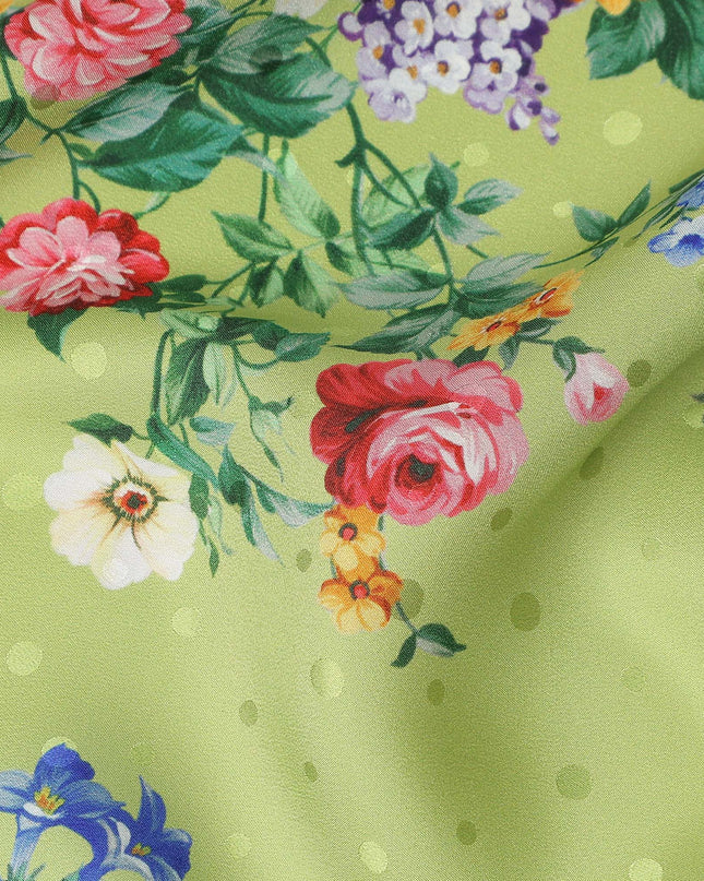 Olive Green Floral Silk Crepe Jacquard Fabric 110cm