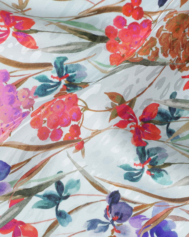 Ice Blue Floral Silk Crepe Jacquard Fabric 110cm