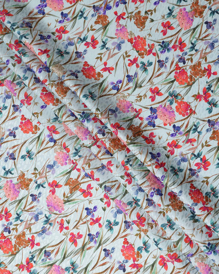 Ice Blue Floral Silk Crepe Jacquard Fabric 110cm