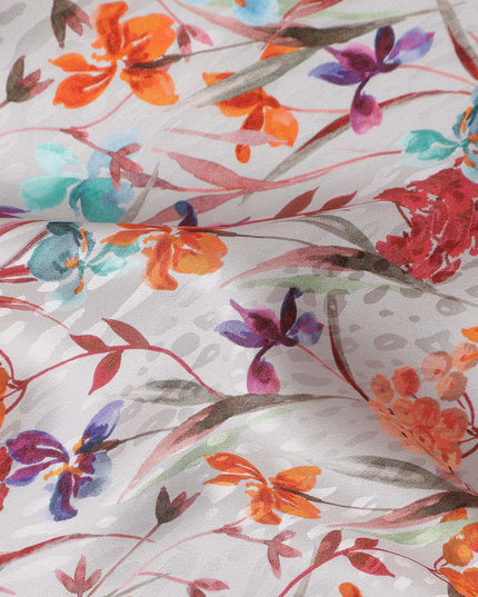 Pearl White Floral Silk Crepe Jacquard Fabric 110cm