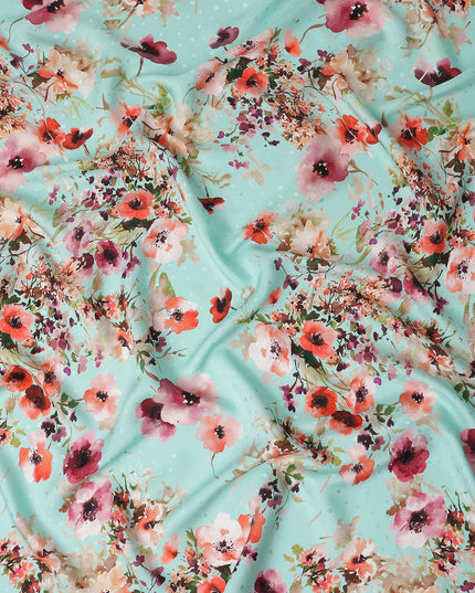Turquoise Blue Floral Silk Crepe Jacquard Fabric 110cm