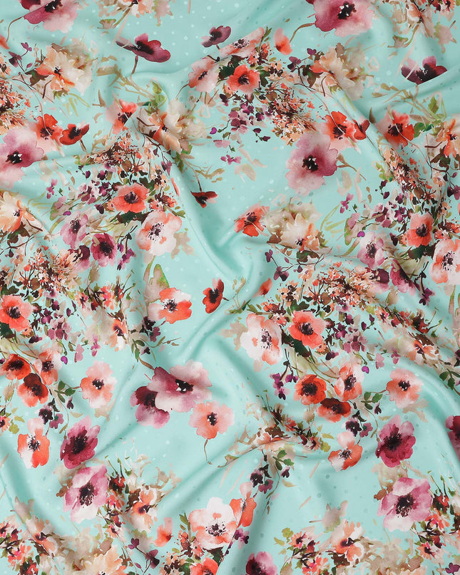 Turquoise Blue Floral Silk Crepe Jacquard Fabric 110cm