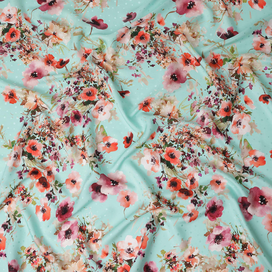 Turquoise Blue Floral Silk Crepe Jacquard Fabric 110cm