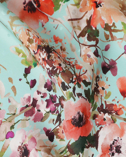 Turquoise Blue Floral Silk Crepe Jacquard Fabric 110cm